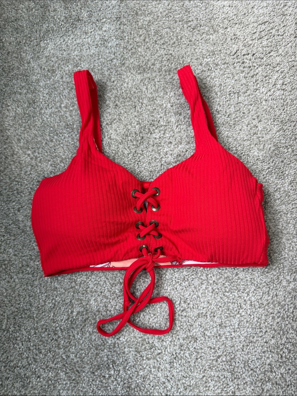 Maaji Red Ribbed Reversible Lace-Up Bikini Top